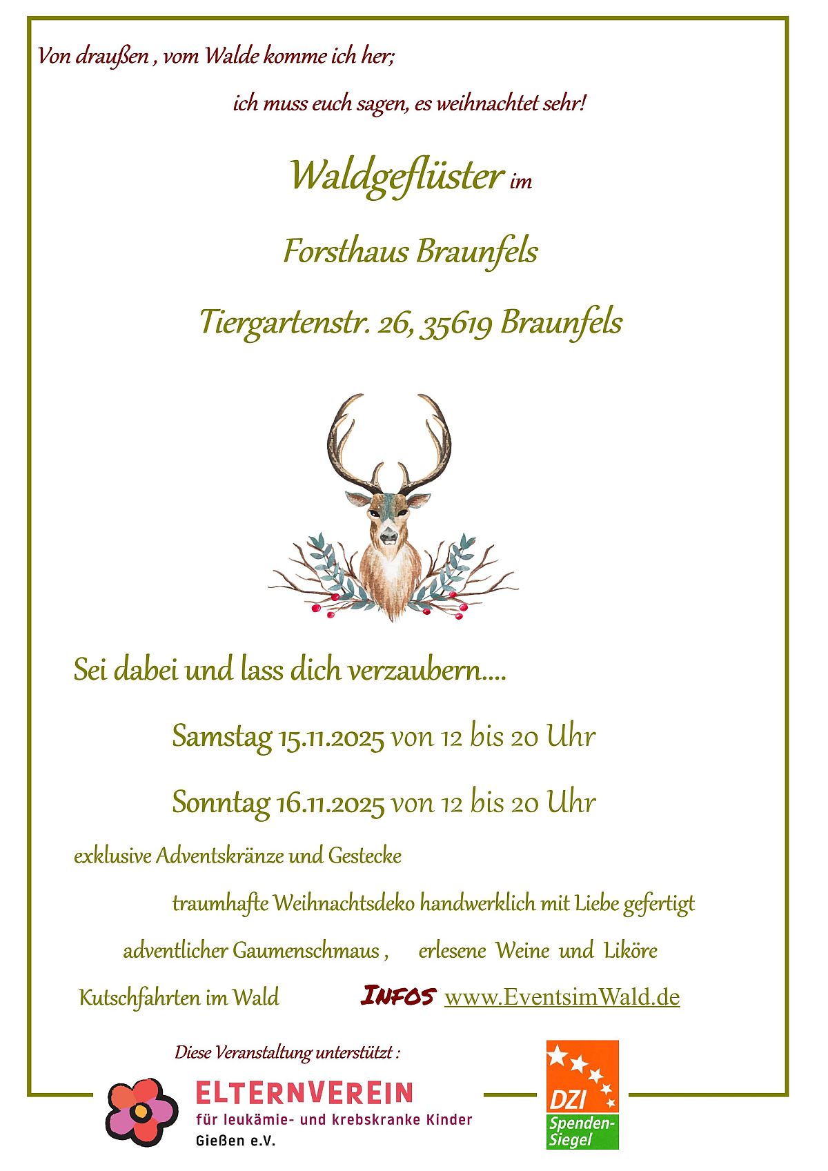 HomeAndLoveDeko präsentiert: Waldgeflüster by Events im Wald. Am Sa., 15.11.2025 und So., 16.11.2025 von 12:00 Uhr bis 20:00 Uhr im Forsthaus Braunfels